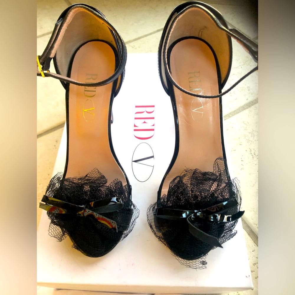 Valentino RED Black peep toe heels with bow and tulle detail